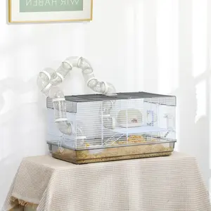 Small Animal Cage for Gerbil or Dwarf Hamster w/ Tubes, Exercise Wheel, Food Dish, Water Bottle, 23" x 13" x 12", Gray