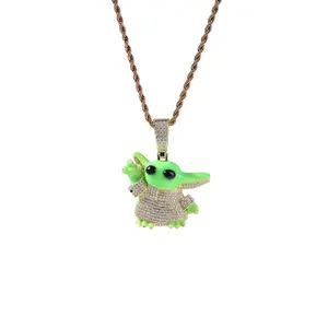 Luxury Green Alien Cartoon Pendant Necklace for Women and Men Rose Golden CZ Character Charm Rope Chain Cute Statement Jewelry Gift