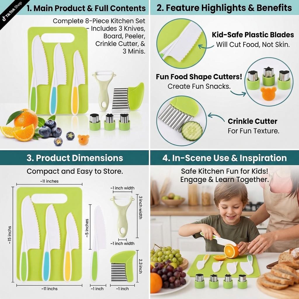 9 Pcs Montessori Kitchen Tools for Kids, Toddler Knife Set with Cutting Board, Peeler, Crinkle Cutter & Cookie Cutters, Safe Plastic Knives for Real Cooking & Baking