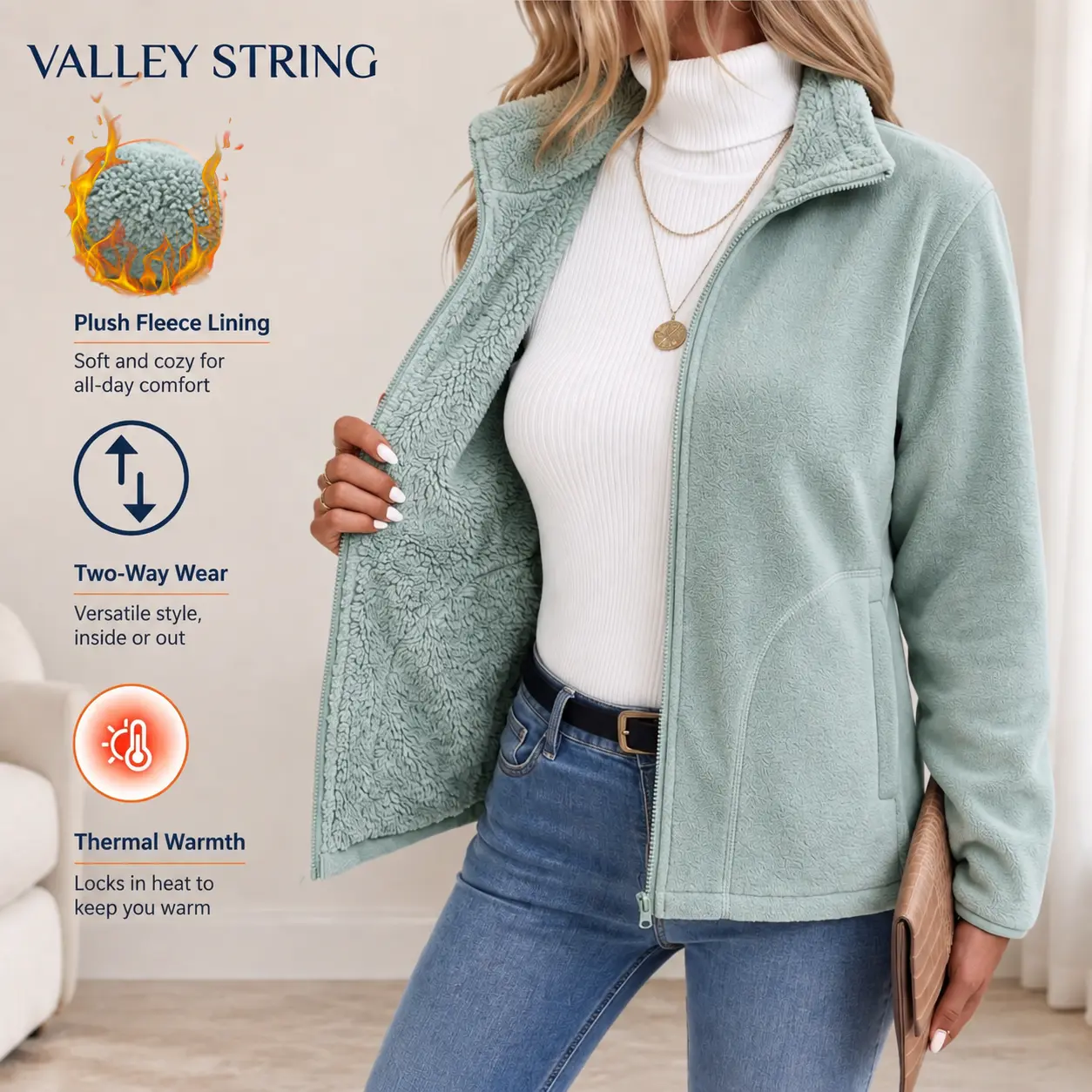 Women’s fleece-lined jacket, casual warm top with a stand collar and full zipper design; a warm outerwear piece that can also be worn on both sides in cold weather, suitable for outdoor hiking, everyday workouts, street photography, walks, and travel.