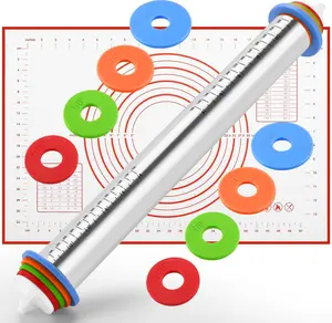 Rolling Pin nonstick and  Baking Pastry Mat combo kit, Adjustable Rolling Pin With Thickness Rings for Baking Fondant, Pizza, Pie, Pastry, Pasta, Dough, Cookies (red)