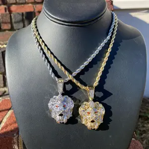 Ice Out Lion Head Hip Hop Luxury Party Pendant Men 24” Rope Necklace Chain