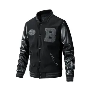 Men's Letter Patch Pocket Sports Jacket, Casual Long Sleeve Stand Collar PU Leather Coat for Autumn & Winter, Stylish Designer Apparel Fitted