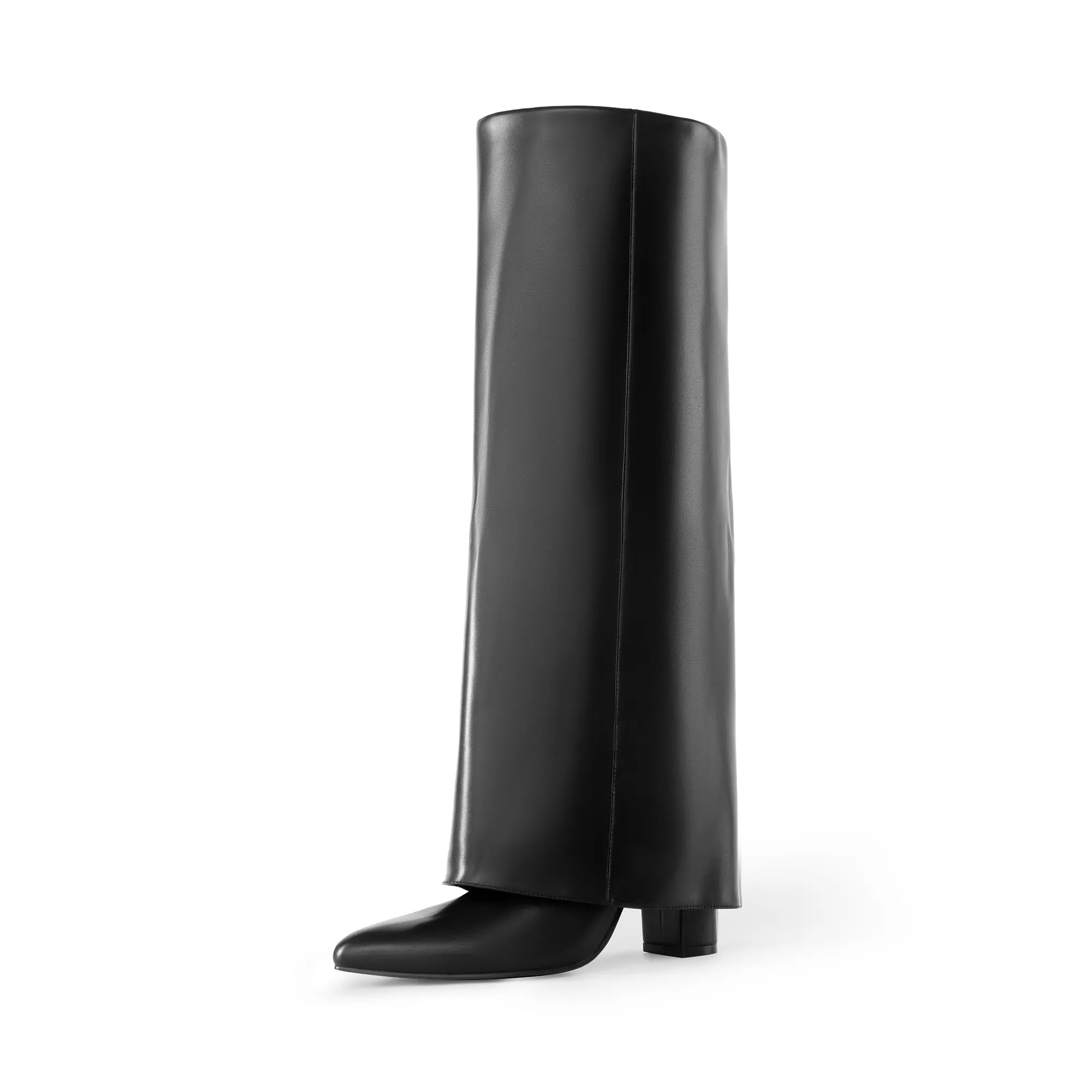 Dream Pairs Women's Fold-Over Knee-High Boots, PU Leather Pointed Toe Chunky Heel Footwear with Side Zip, Cushioned 4mm Latex Insole, Statement Shoes, Party, Casual, Comfortable Heels