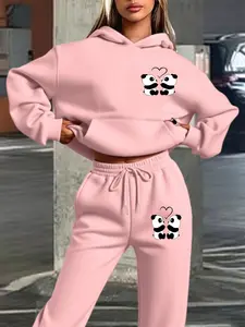 Women's Hooded Sweatshirt Matching Set, Fall & Winter Warm Clothing, Panda Heart Cartoon Print, Sweet Cool Style, Loose Fit, Cute