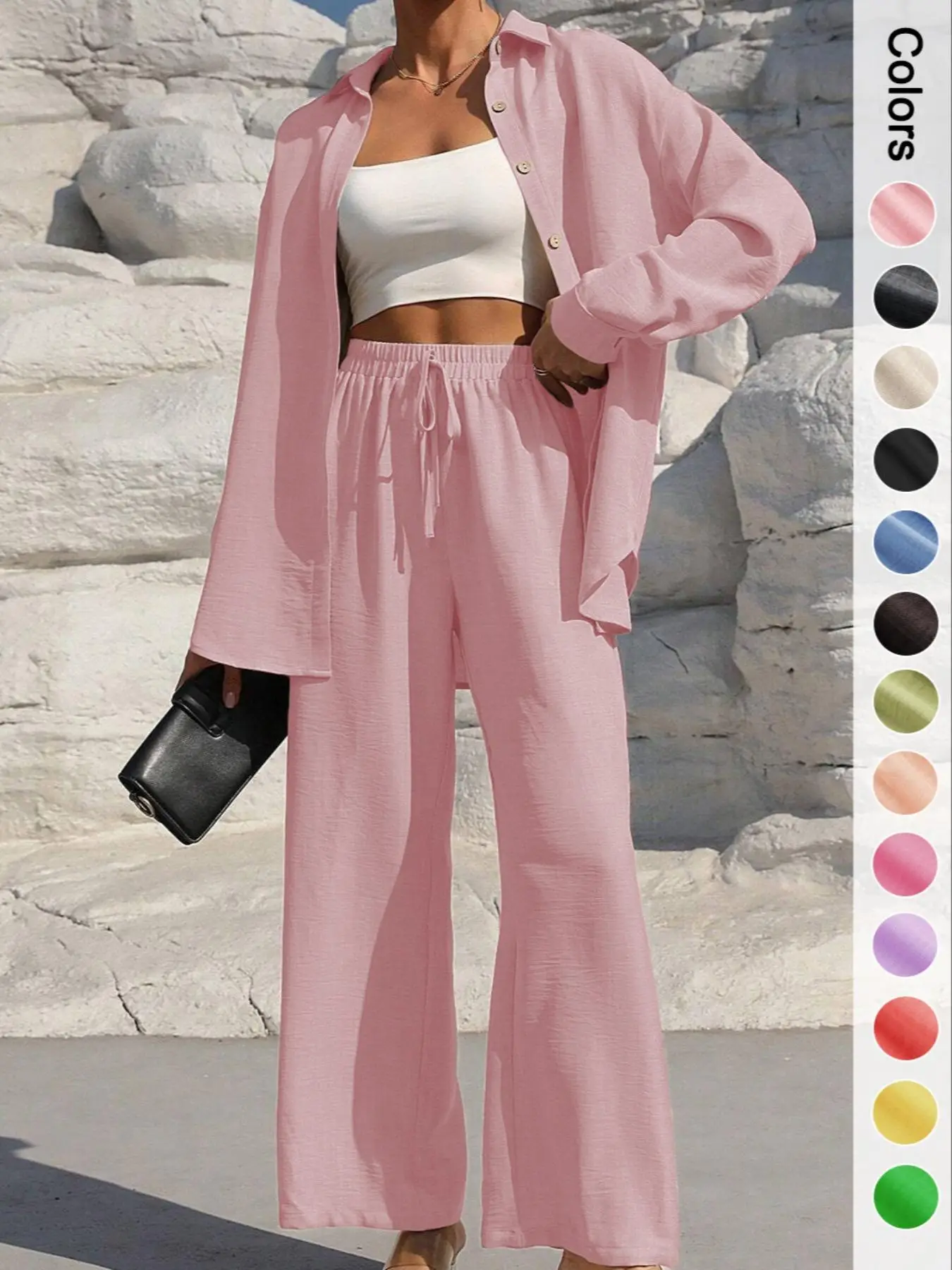 Women's Solid Button Front Shirt & Tie Front Wide Leg Pants Two-piece Set, Casual Drop Shoulder Long Sleeve Blouse Top & Trousers 2 Piece Set for Spri