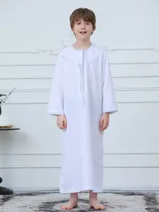 Boys' Embroidered Zipper Omani Robe Tunic, Ramadan Muslim Boys' Long Dressing Gown, Stylish Islamic Clothing for Kids