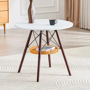 31.5-inch diameter circular dining table,coffee table， white MDF tabletop, walnut solid wood legs, with suspended woven storage basket structure