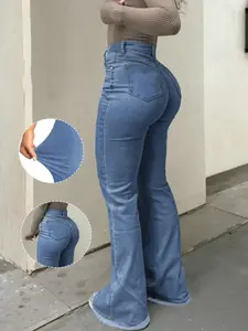 Elegant High-Waisted Stretchy Slim Fit Tall Denim Flare Pants for Women, Stylish Solid Color Versatile Look for All Seasons, Bottom, Womenswear, Trouser