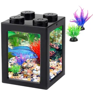 Small Betta Fish Tank Mini Fish Tank Row Aquarium Stackable Cube Tank with Fish Tank Decor Ant Feeding Case Mini Reptile Row Box3.54inch x 3.54inch x 4.33inch (Black)