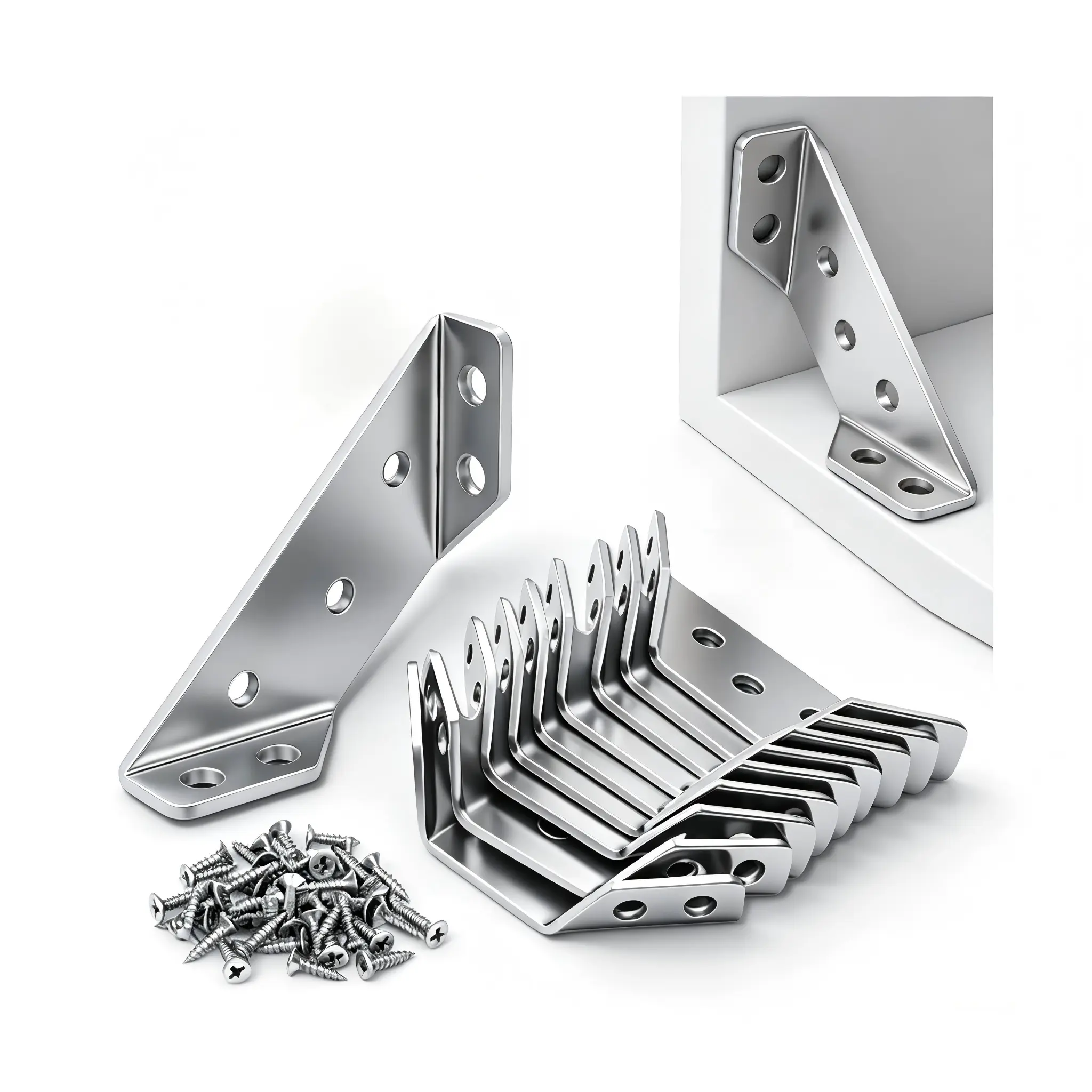 20 Small Size Stainless Steel Furniture Corner Connectors - Triangular Fit L Brackets for DIY Projects, Wood Surfaces, Shelf Support, Wood Hardware Fasteners (Includes 140 Screws)