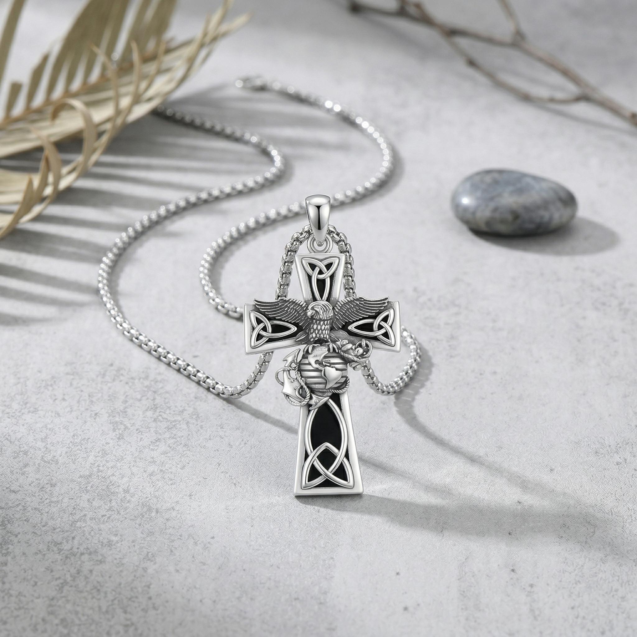 MEIDERBO Signet Style Black Onyx Necklace for Men 925 Sterling Silver Oxidized Finish Marine Corps Stainless Steel Bead Chain 22+2 Inch Men's Jewelry Gift