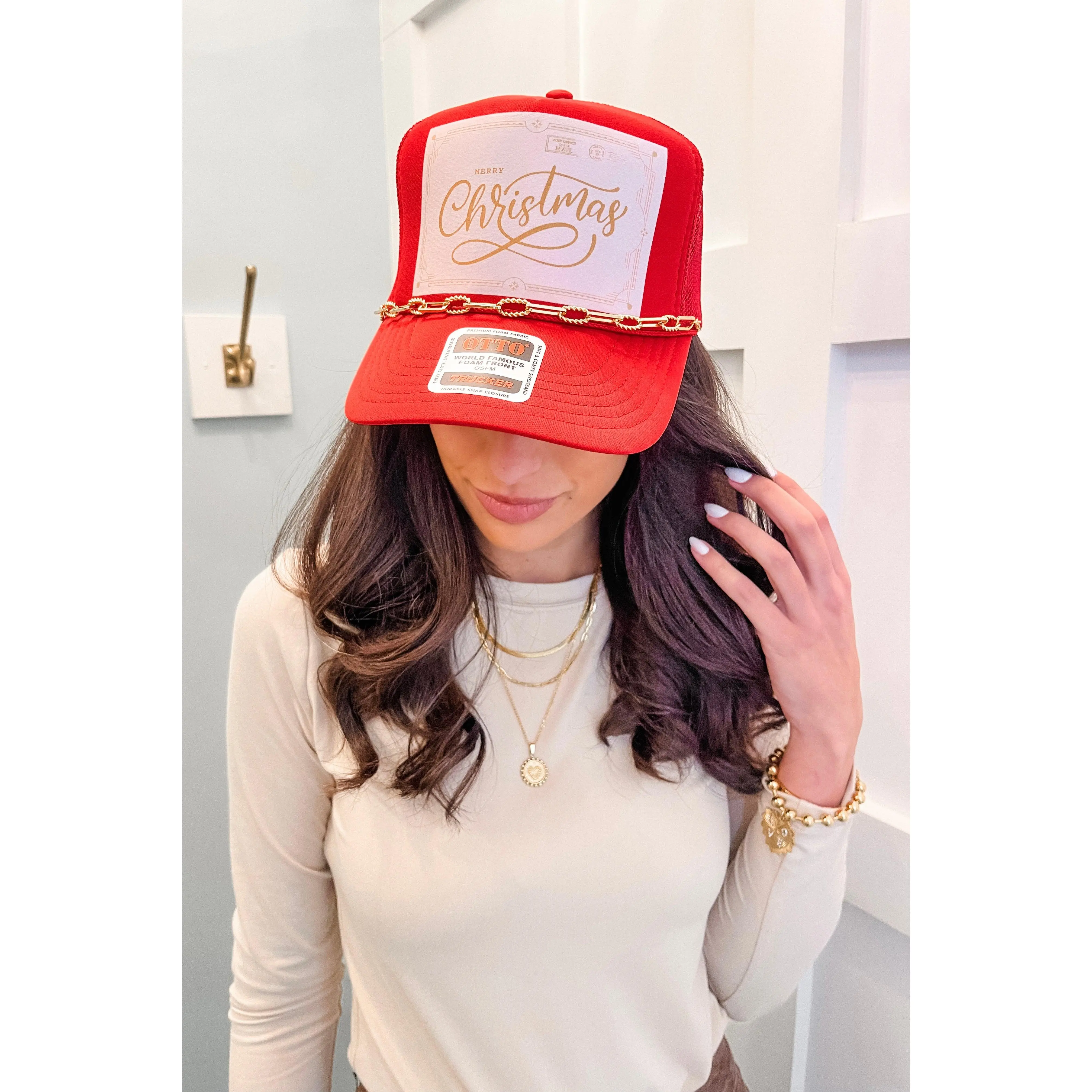 Christmas Letter Trucker Hat with Chain Detail - FINAL SALE