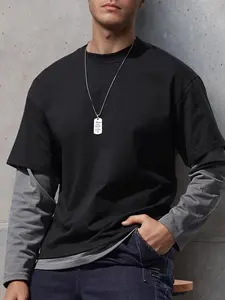 Men's Fake Two-Piece Spliced Long-Sleeve Trendy Crewneck Sweatshirt
