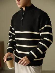 Men's Striped Print Half Zipper Funnel Neck Sweater, Striped Pullover, Casual Drop Shoulder Long Sleeve Jumper for Fall & Winter, Men's Knitwear for Daily Wear