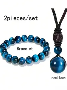 Natural Blue Tiger Eye Stone Jewelry Set for Men Women, Beaded Bracelet & Adjustable Cord Pendant Necklace, Fashion Casual Stone Accessory