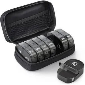 Canvas Bag Travel Pill Organizer 2 Times a Day, Large AM/PM Weekly Pill Box 7 Day Pill Case with Portable Black Zipper Cloth Bag for Holding Supplements, Vitamins and Fish Oils