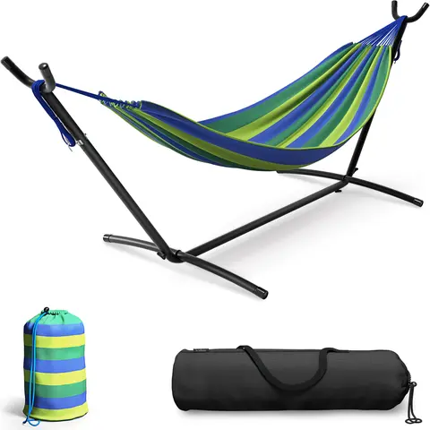 Sorbus Portable Heavy-Duty Double Hammock Stand Combo - 60in, Sturdy, No Assembly Required, Adjustable Height Canvas, 2 Adult Space, 450lb Capacity, Weather-Resist Fab, 110in Outdoor Camping Hammock Equipment