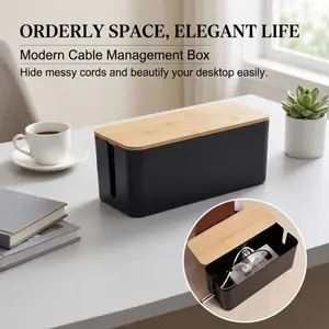 Bamboo-covered desktop cable management box, large-capacity modern cable organizer, suitable for home and office desktop cable storage.