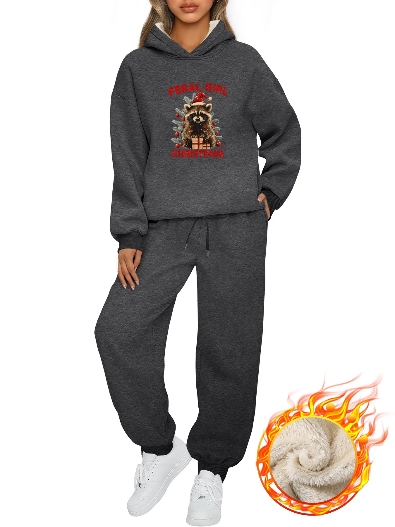 Women's Plus Size Two-Piece Raccoon Christmas Cartoon Print Set, Cute Style Simple Design Hooded Warm Slim Fit Casual Wear