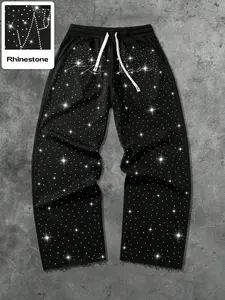 Unisex Rhinestone Casual Pants, Sparkling Diamond Decoration, Star Letter Pattern, Trendy Streetwear for All Seasons, Casual Sporty Trousers