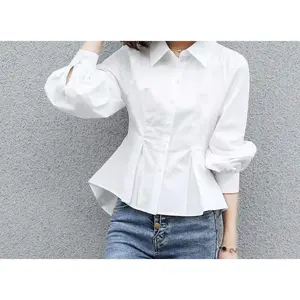 Elegant New-Style Japanese-Style Turn-Down Collar Commuter Slim-Fit Single-Breasted Solid White Long-Sleeve Shirt Top