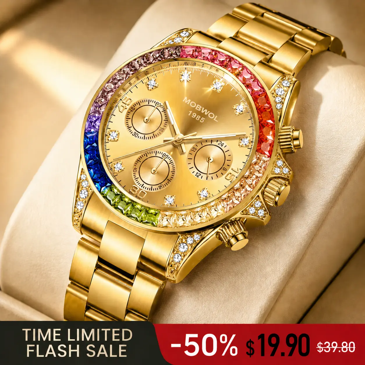 High-End Gold Watch for Men, Rainbow Gemstone Bezel Iced Out Diamond Chronograph Luxury Quartz Watch, Fashion Stainless Steel Luminous Wristwatch for Businessman Executive