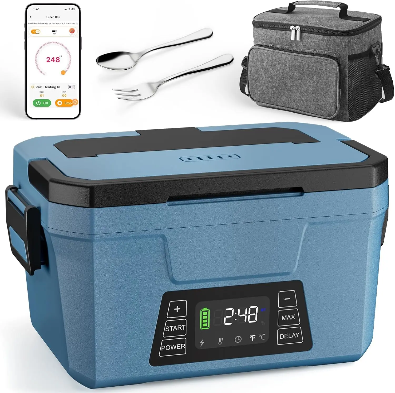 Wisakey Cordless Electric Lunch Box for Adults, APP Control Heated Lunch Box for Men Food Warmer Rechargeable Lunch Box 248℉ Timer Self Heating Lunch Box, 5-sided Heated lunchbox Gifts for Women Work/Outdoor Portable Stainless Steel with Battery