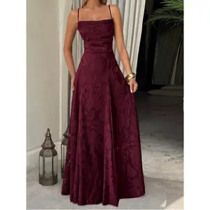 Elegant Women's Burgundy Lace-Up Waist Backless Spaghetti Strap Long Party Dress for Christmas New Year Weddings Beach Wear