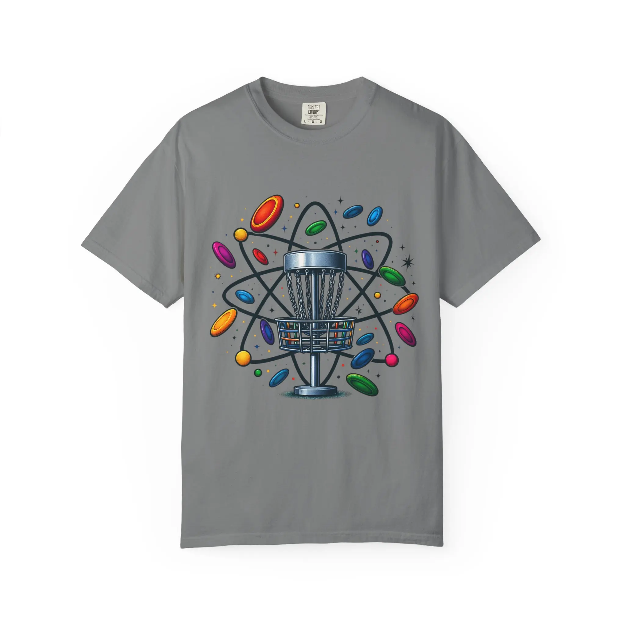 Atomic Style Disc Golf Basket Unisex Garment-Dyed T-shirt, Revolving Discs Tee, Cool Frisbee Golf Shirt, Unique Disc Golf Apparel, Disc Golf