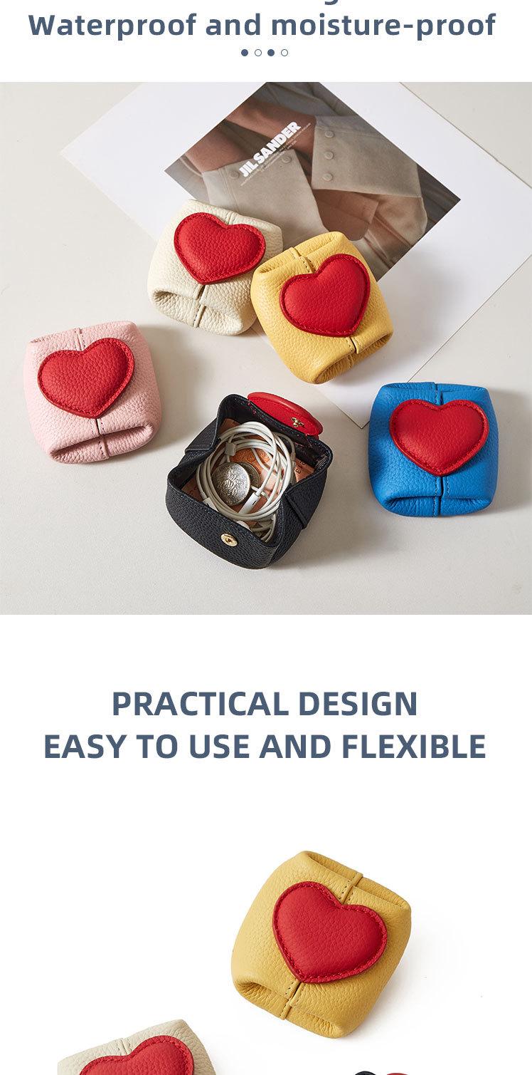 Mini Lychee Pattern Cowhide Heart Coin Purse, Solid Color Buckle Key & Earphone Storage Bag, Color-Block Leather Change & Jewelry Pouch for Daily Use