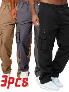 3-Piece Set of Men's Loose-Fit Overalls, Outdoor Casual Pants Cargo Pants with Elastic Waist and Multiple Pockets - Solid Color Pants for Spring/Autumn Outdoor Activities, Machine Washable (Suitable for Teens and Adults) - Fabric