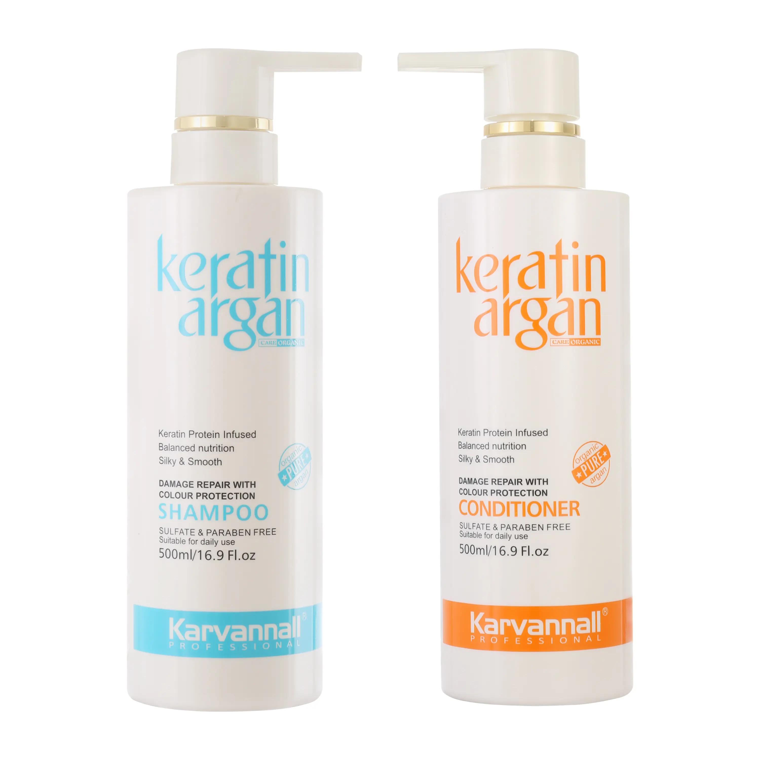 Karvannall Keratin Argan Oil Chemical Free Shampoo & Conditioner Kit - Sulfate Free, Damage Repair, Color Protection for Dry Damaged Color Treated Hair, 16.9 Fl Oz x 2, Chemical Free Shampoo & Conditioner Kits