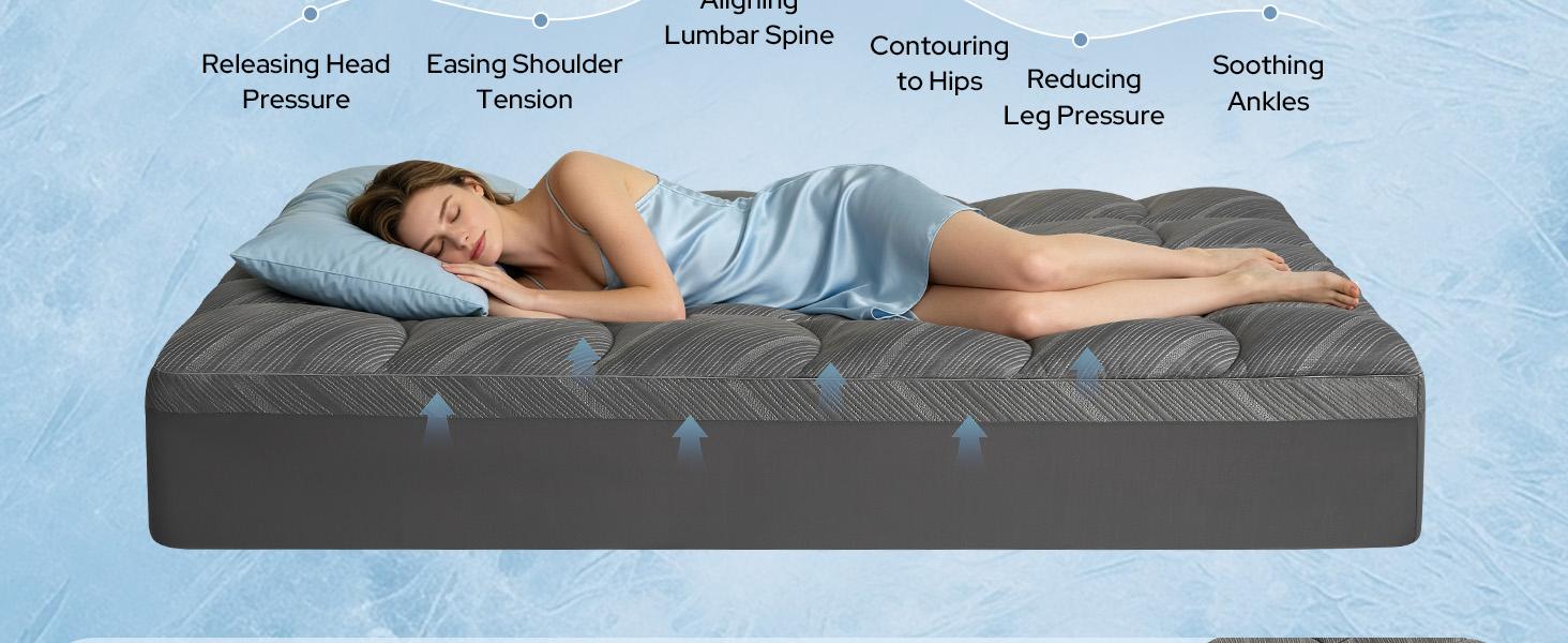 SummerWins【BEDLORE】Cooling Silver Infused Mattress Topper, Delicate Grid Jacquard Pattern, Waterproof & Silent Breathable Fabric, Sweat Resistant Cool Surface, Soft Cushioned Layer, Ideal for Bedroom & Household Daily Use