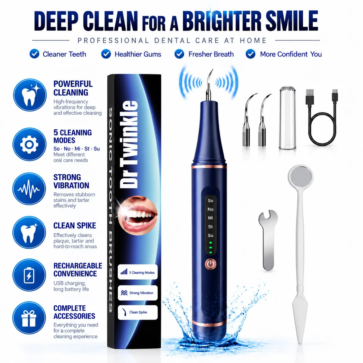 Professional Ultrasonic Teeth Cleaning Kit—an electric plaque and tartar remover designed to tackle stains and buildup; a safe, gentle tool for daily oral care and the ideal choice for maintaining oral health at home.