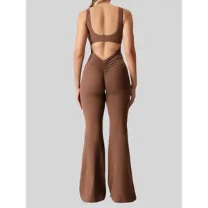 Women's Solid Color Backless Ruched Removable Chest Padded Flare Leg Jumpsuit, Casual Comfy Sleeveless U Neck Bell Bottom Jumpsuit for Daily Wear, Ladies Clothes for All Seasons