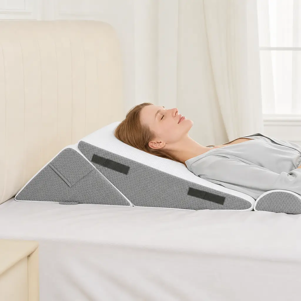 Sasttie Wedge Pillow Set for After Surgery, 2PCS Adjustable Bed Wedge Pillow Headboard with Memory Foam Neck Cushion – for Acid Reflux, Sleeping, Neck & Back Support, Dark Grey & White