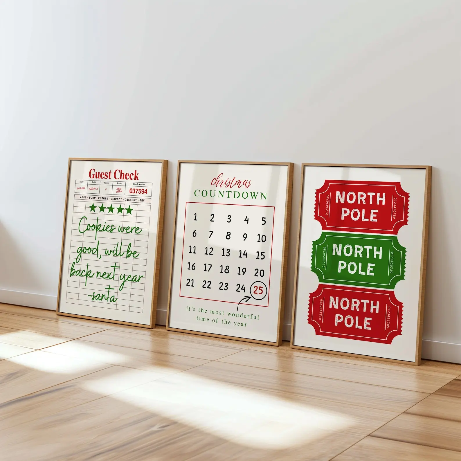 Christmas Wall Art Set of 3, Santa Cookie Note Print, Holiday Countdown Calendar Poster, North Pole Ticket Christmas Décor