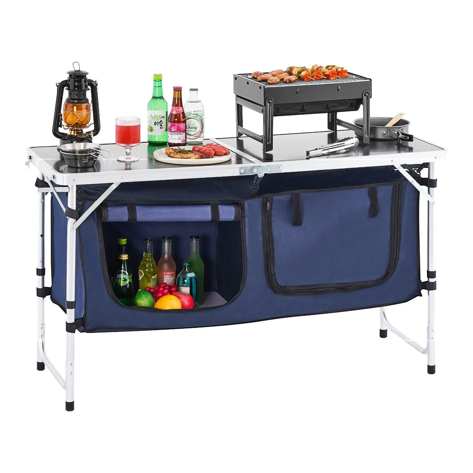 Aluminum Alloy Folding Portable Outdoor Camping Kitchen Table - Sturdy Cook Station for Picnics, 22 in, 3 Adjustable Heights, X-Frame Legs, Zippered Bins, Quick Setup, Efficient Space Organization, Adjustable Size