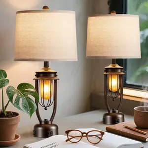 Rustic Lantern Table Lamps with Built-In Night Light & USB Charging