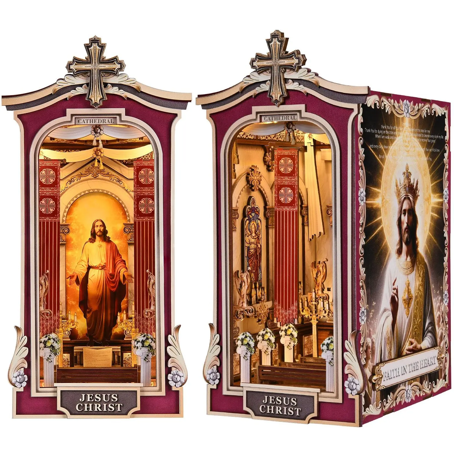 [Cathedral] DIY Book Nook Kit, 3D Wooden Puzzle with LED Bookend Bookshelf Decoration,Miniature Doll House for Home Decor, Jesus Christ Spiritual Gift,Cathedral