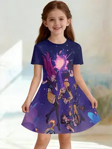 Girls' 3D Short Sleeve Dress, Kda/kpop Full Print Summer Dress, Perfect for Parties, Festivals, Gifts, Birthday Presents