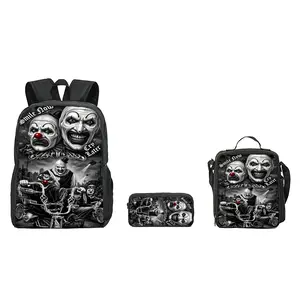 Terrifier Backpack Set 3PCS Horror Movie School Backpack With Lunch Bag Pencil Case Cute Creepy Aesthetic Bookbag For Teens Kids Back To School Gift Travel Daypack Large Capacity Viral Halloween School Bag Set
