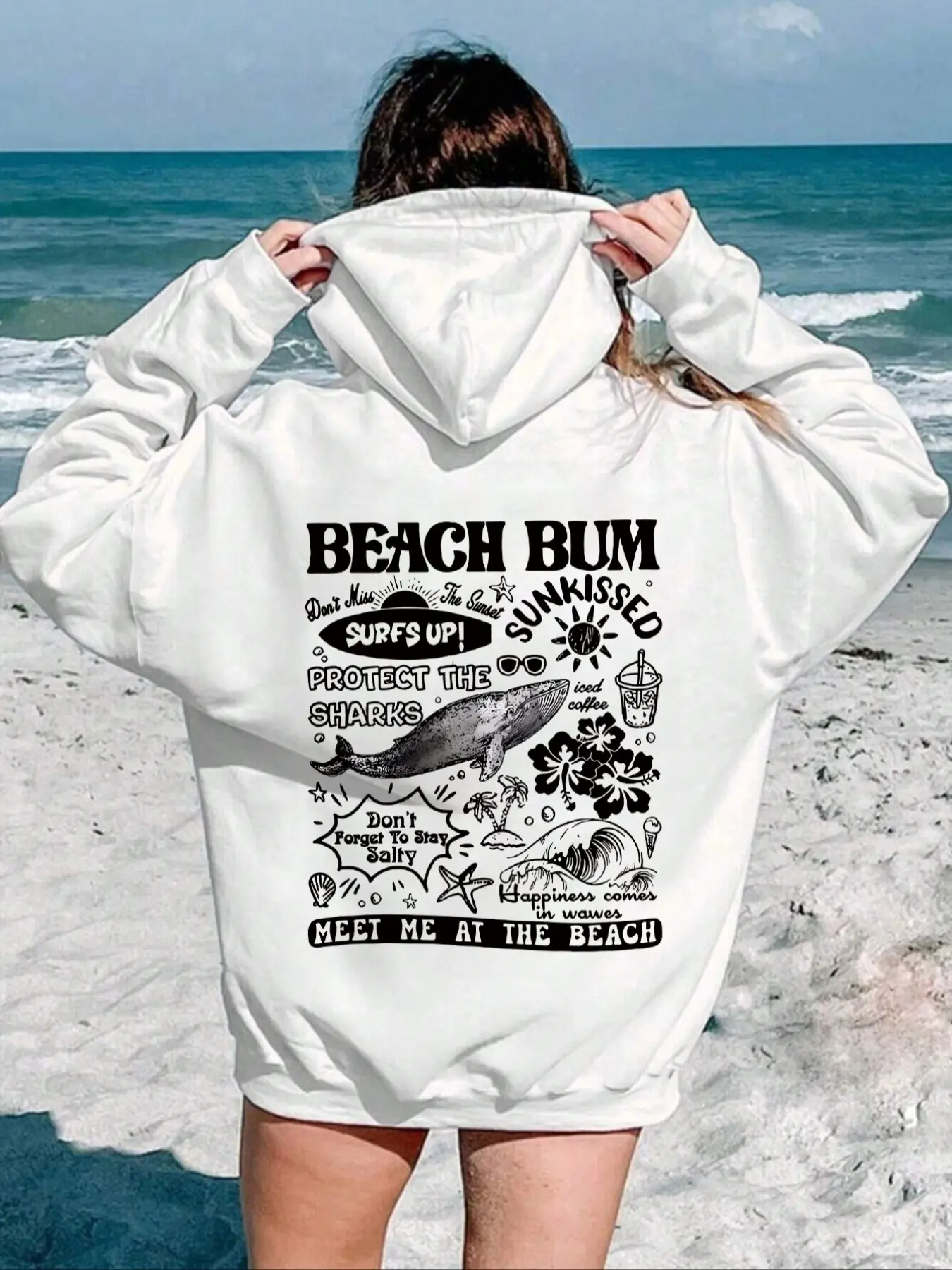 Chic Women's Dolphin Print Hoodie with Drawstring Detail & Pocket, Casual Long Sleeve Pullover, Fall Winter Wear
