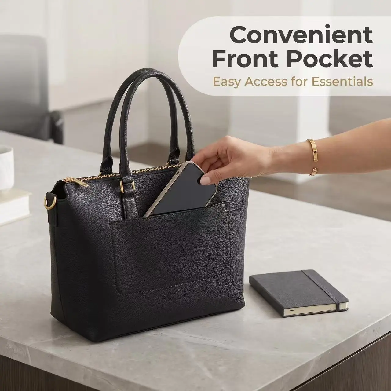 Los Angeles Tote Bag for Women | Elegant Whipstitch Shoulder Handbag with Front Pocket | Premium Daily & Work Purse in Multiple Colors