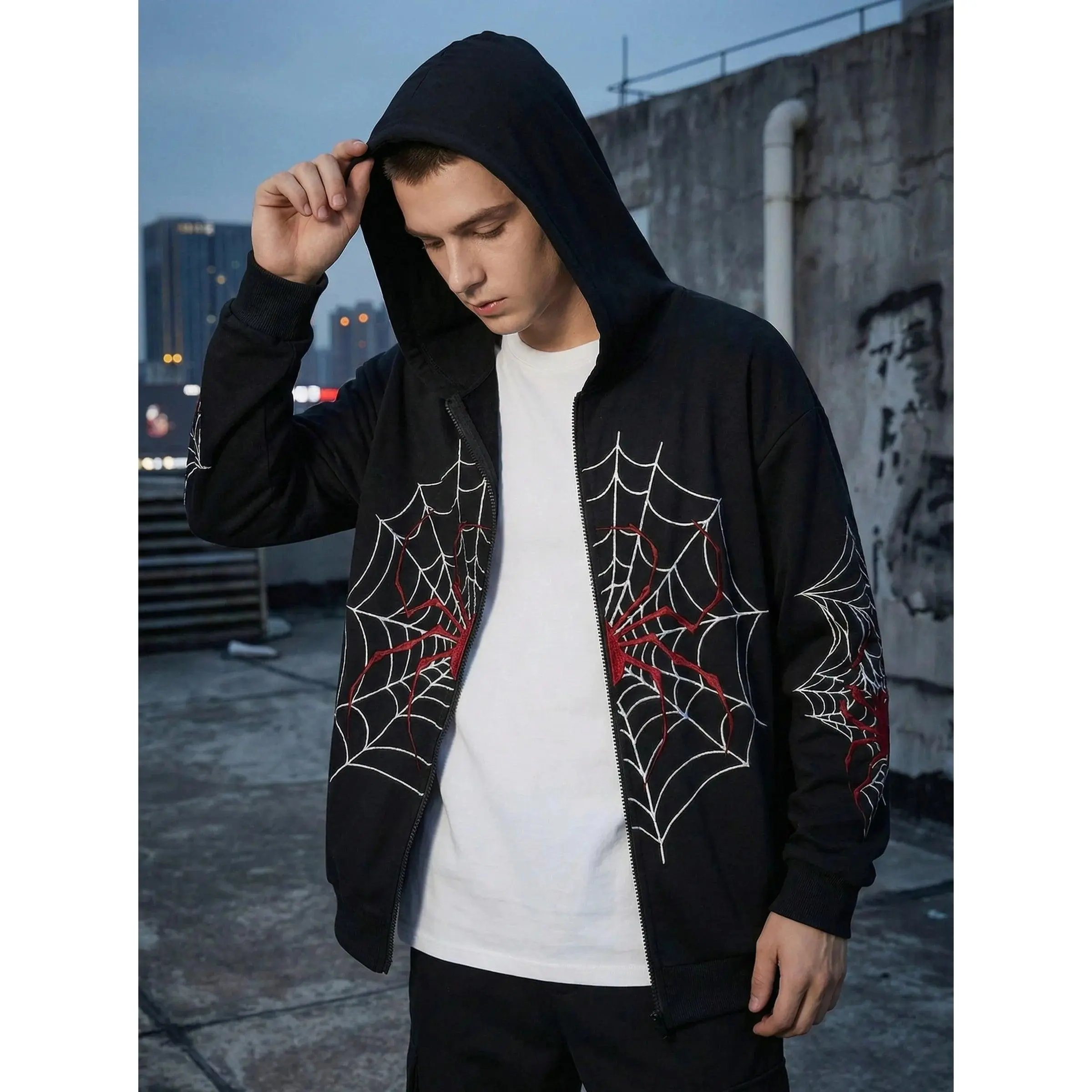 Men's Y2K Punk Grunge Spider Web Graphic Zip-Up Jacket - Black Red, Cotton Blend, Loose Fit, Zip Closure