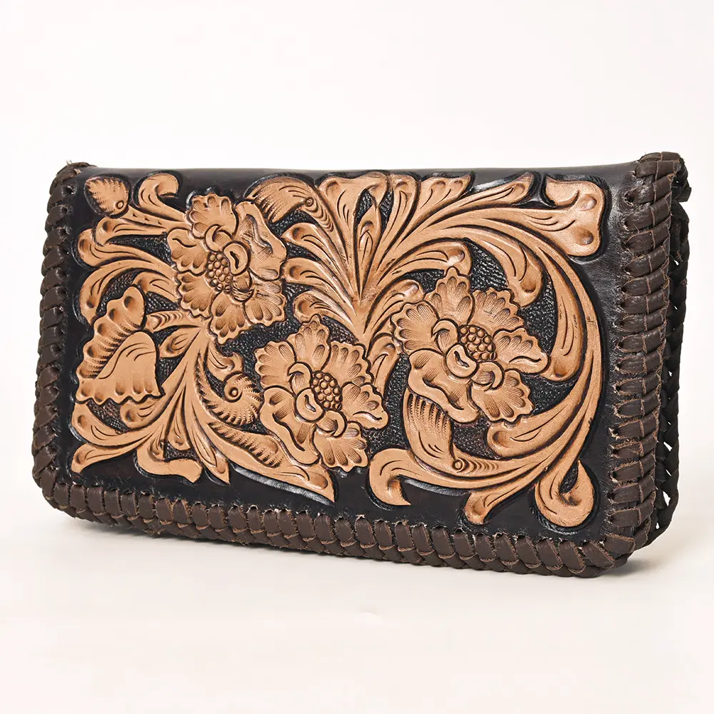American Darling Hand Tooled Floral Carved Genuine Leather Clutch Bag Vegetable-Tanned Eco-Friendly Western Everyday
