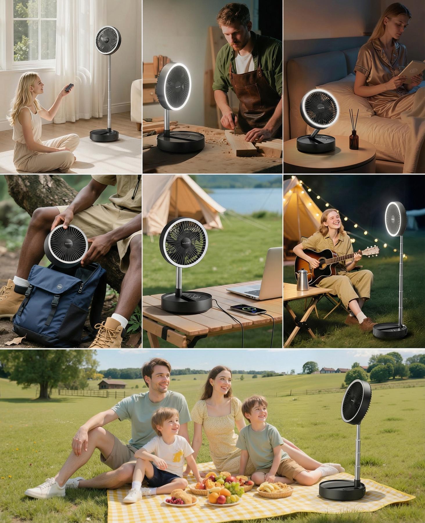 Gaiatop Portable Pedestal Fan 16000mAh Battery [Max 74h Runtime], Foldable Oscillating Standing Fan, Collapsible Desk Fans, LED Light, Case & Remote Control, 4 Speeds for Outdoor Travel Camping Office