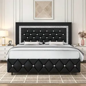 Twin/ Full/ Queen/ King Size Bed Frame, Upholstered Bed Frame With Diamond Headboard And Footboard, Pearl White/ Beige/ Black/ Grey/ Pink/ Purple/ Green
