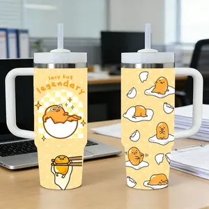 G-G-Gudetama Cute Vacuum Flasks 40oz Stainless Steel Tumbler with Handle & Straw, Vacuum Insulated Travel Mug Keeps Drinks Cold Up to 12 Hours, Leak-Resistant Cup for Iced Coffee, Water, Office, Gym or Travel